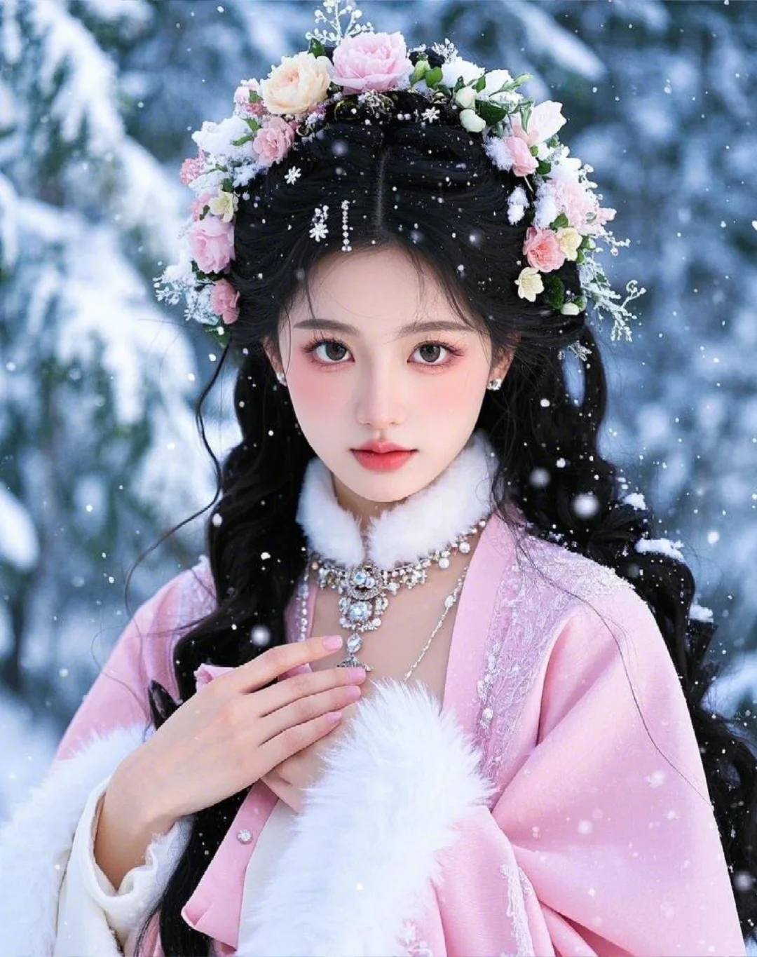 雪落无声润素颜， 少女亭亭立寒间