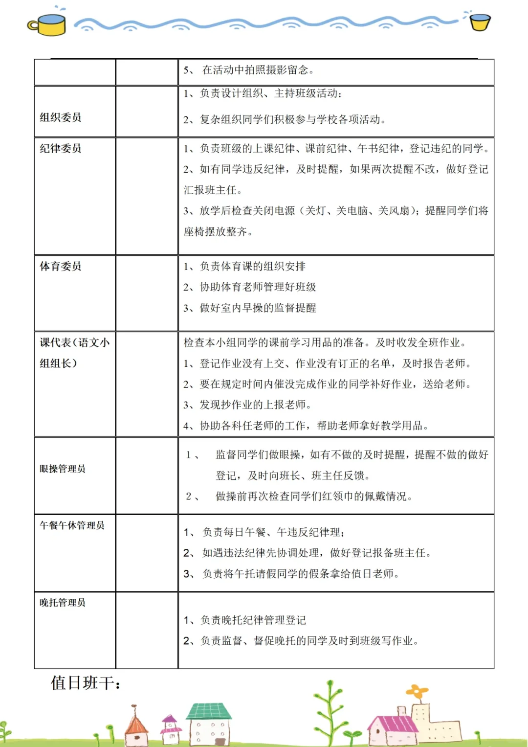 小学班干部职位表