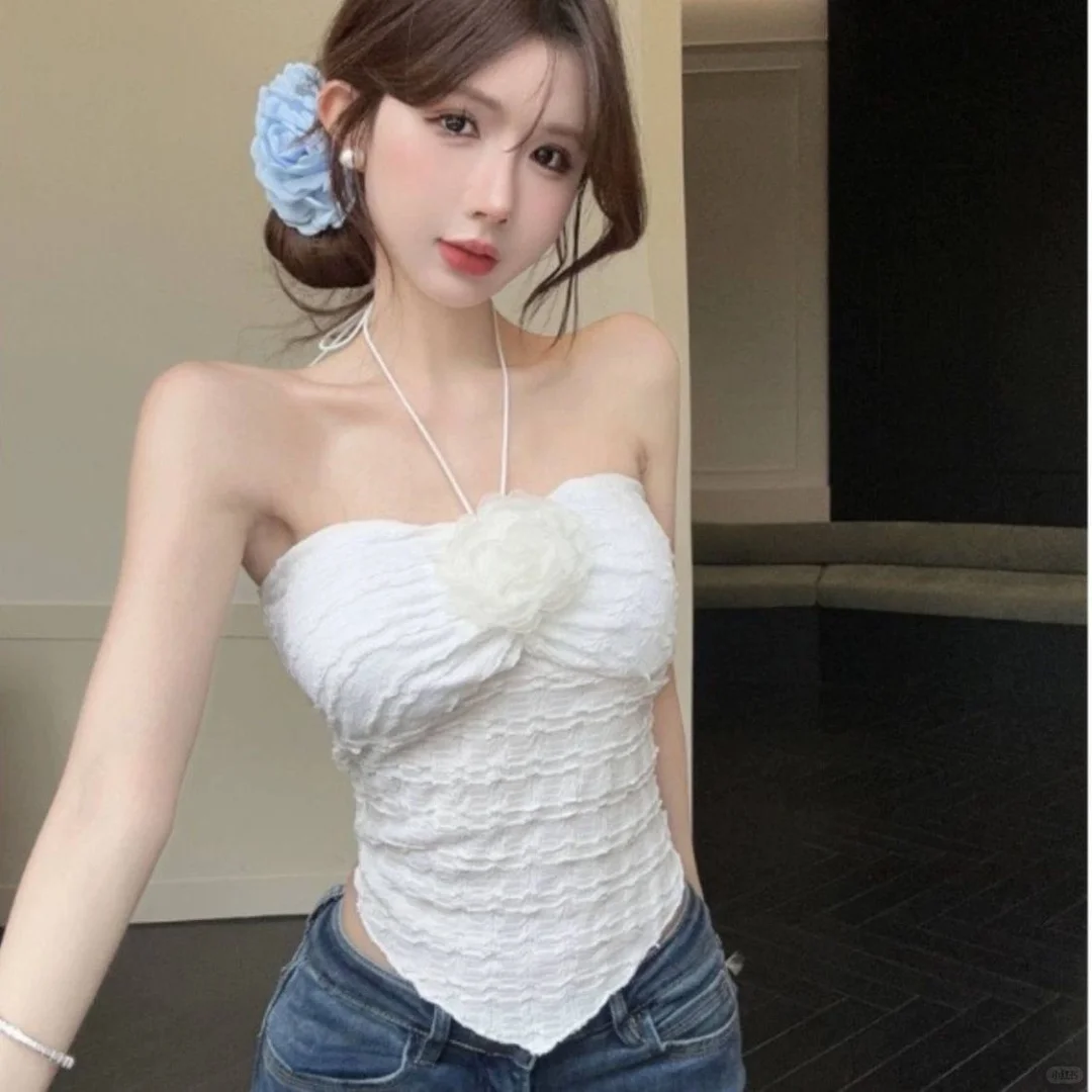 ??ins风花朵挂脖吊带不规则女上衣 ??