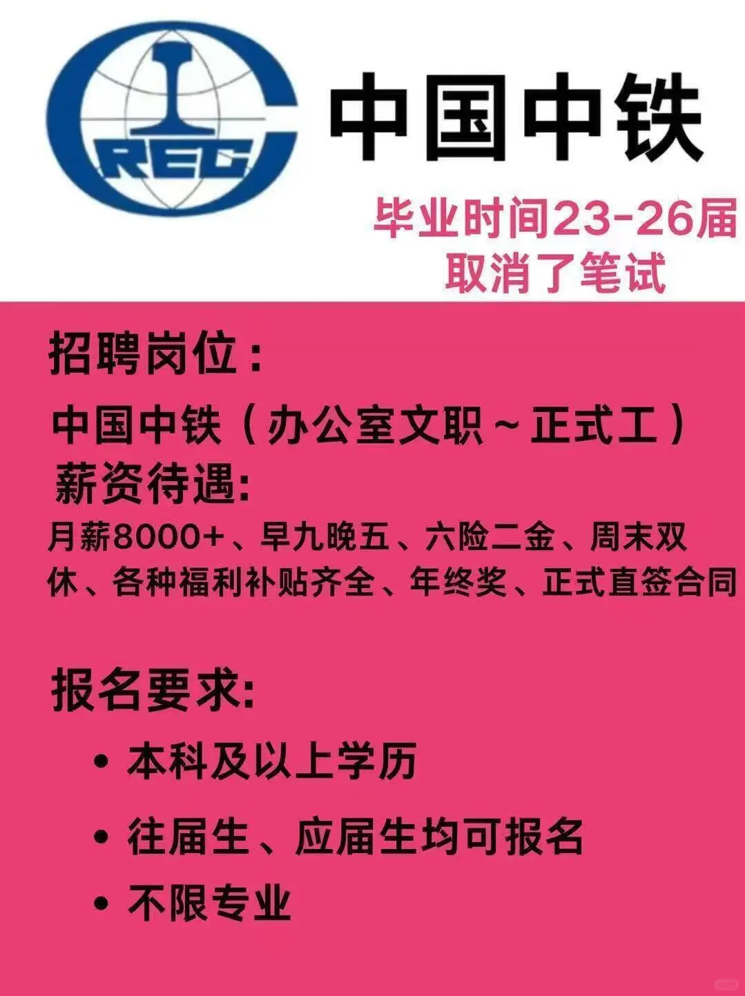 开始了 冲鸭中铁招聘开始了，投就有结果！[