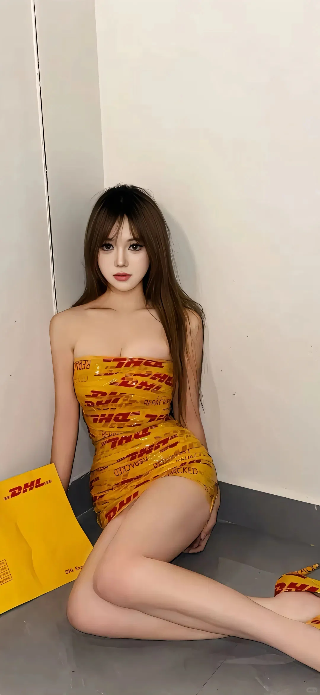 最近挺火的 DHL 胶带裙小姐姐壁纸