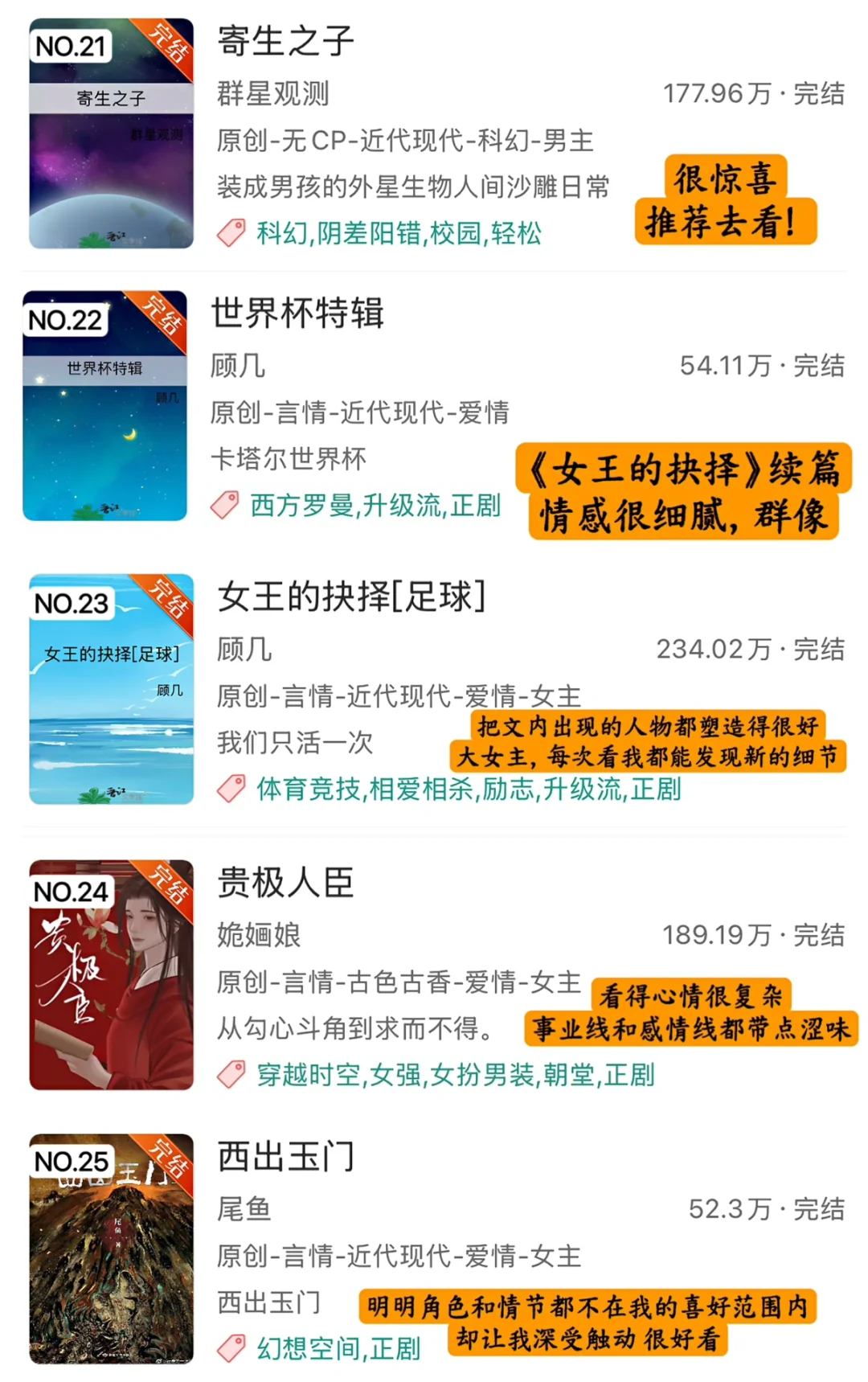 晋江言情小说个人推荐Top 100（上）