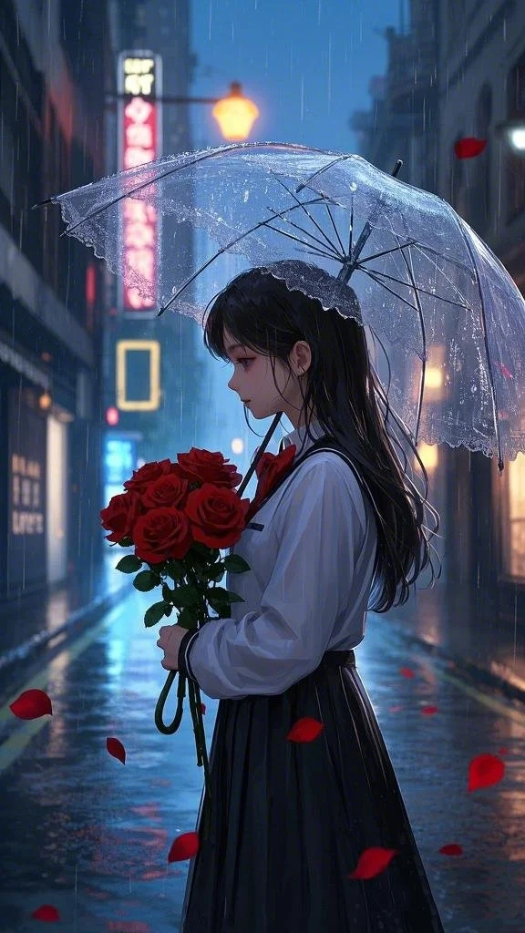 Ai插图——雨夜街道上行走的东方少女