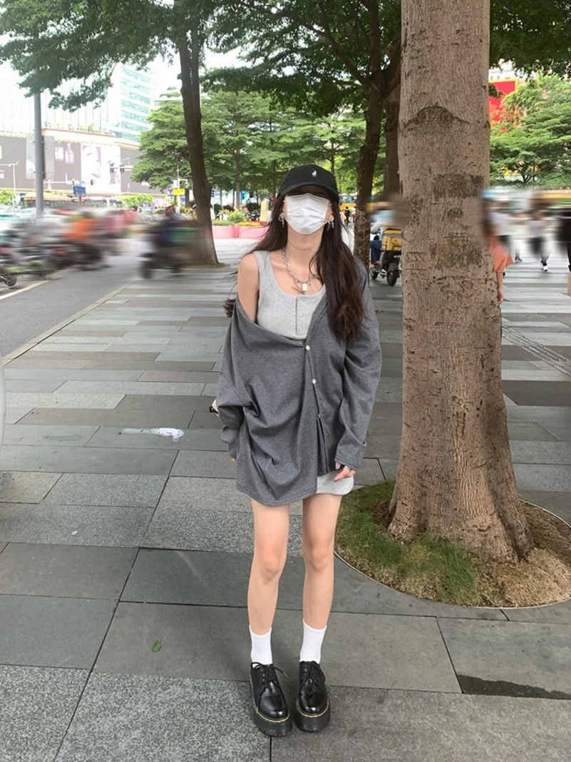 甜酷风吊带包臀短裙女春夏性感纽扣中长裙无