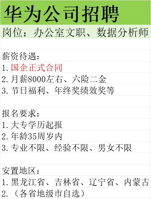 华为公司东北地区补招，正式员工抓紧冲‼️