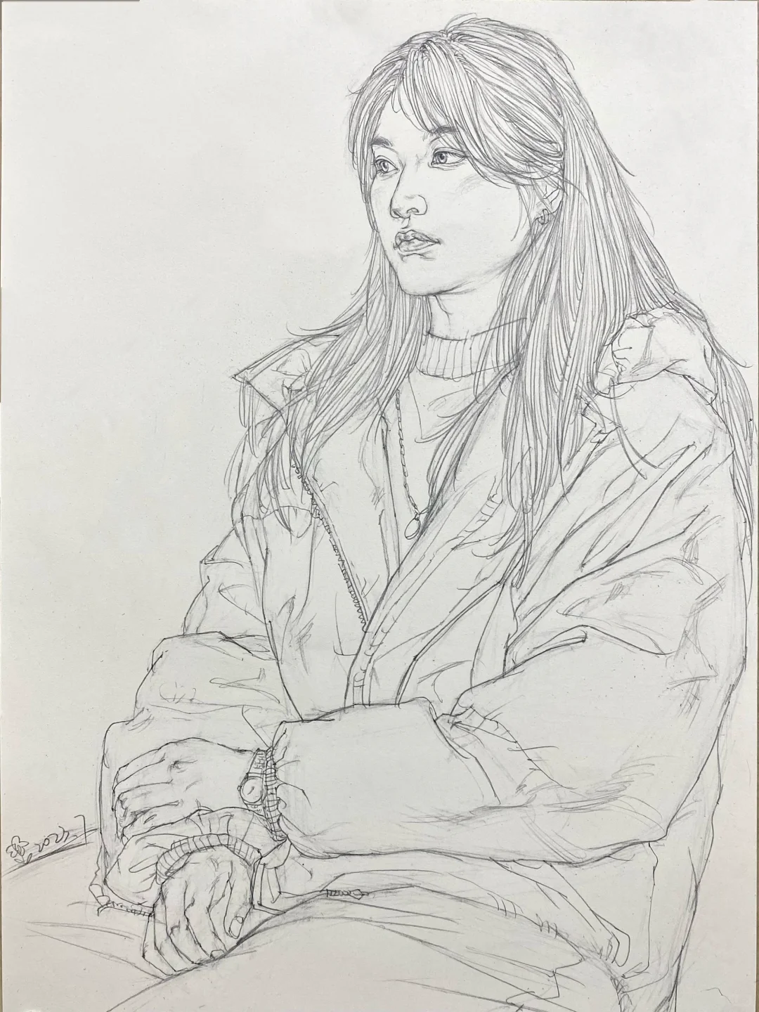 线描示范✏️棉服女青年半身像（步骤）