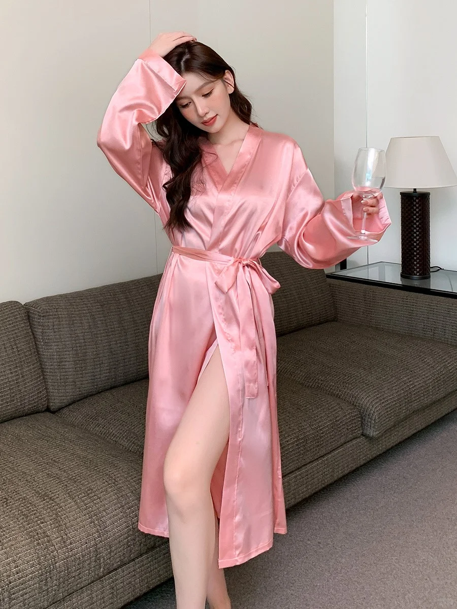 睡袍女春夏女真冰丝绸纯色开衫性感纯欲酒店