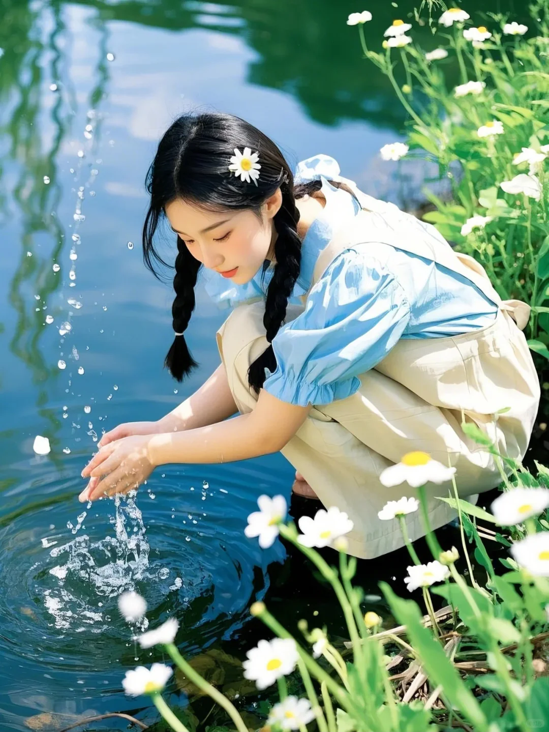 溪边撩水少女