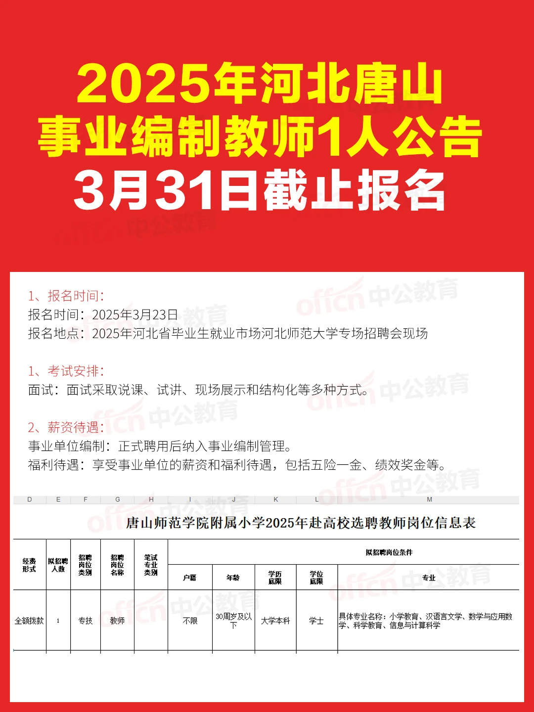 ✨ 25河北唐山选聘212名事业编制教师！