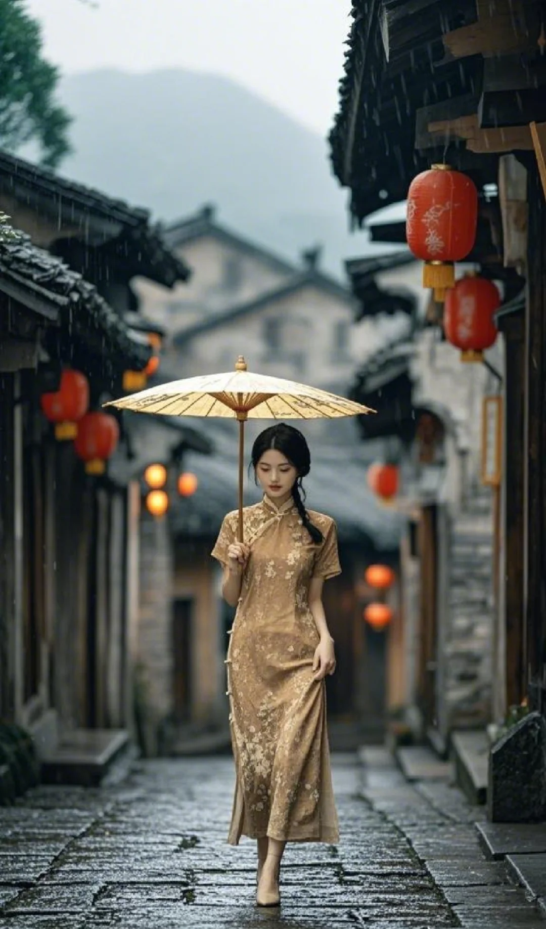 深色旗袍下是温柔的雨落☔️