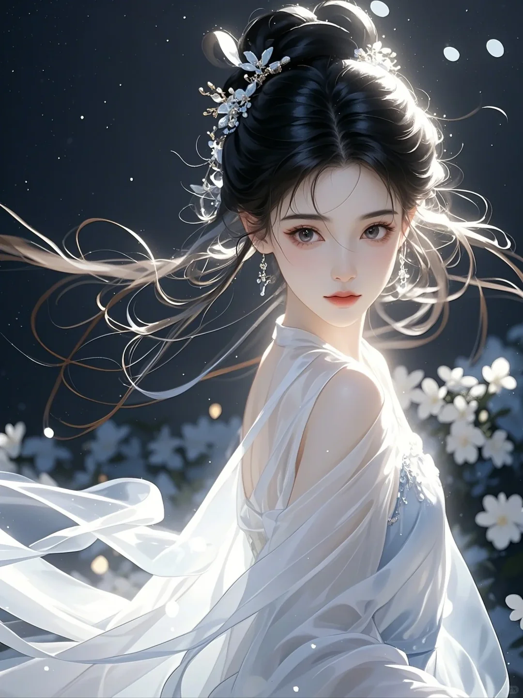 “夜晚静谧人独立，美人如画韵几重”