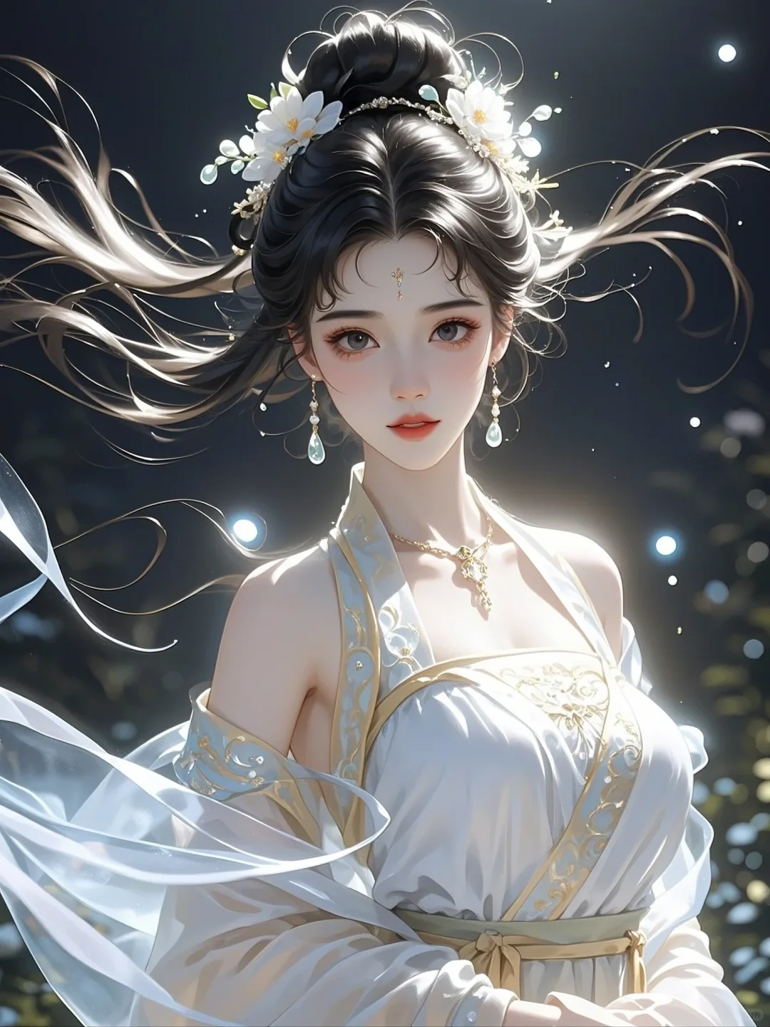 “夜晚静谧人独立，美人如画韵几重”