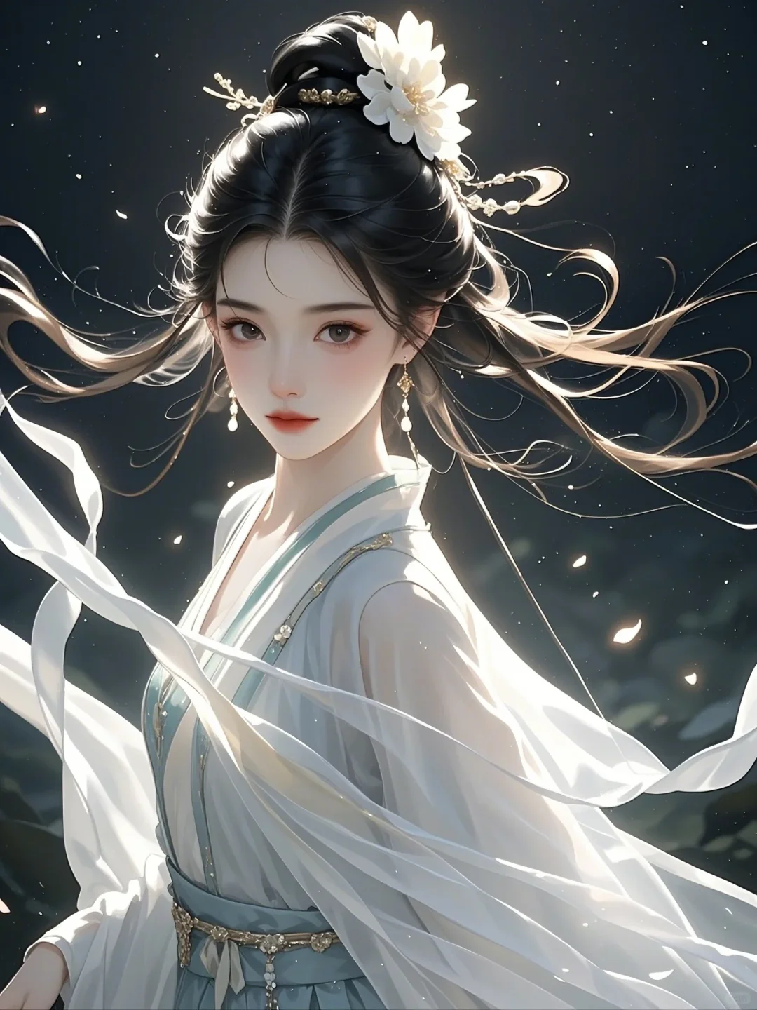 “夜晚静谧人独立，美人如画韵几重”