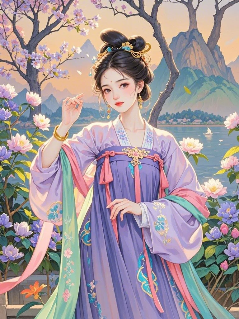 紫裳佳人拈花笑，山水含情韵自长