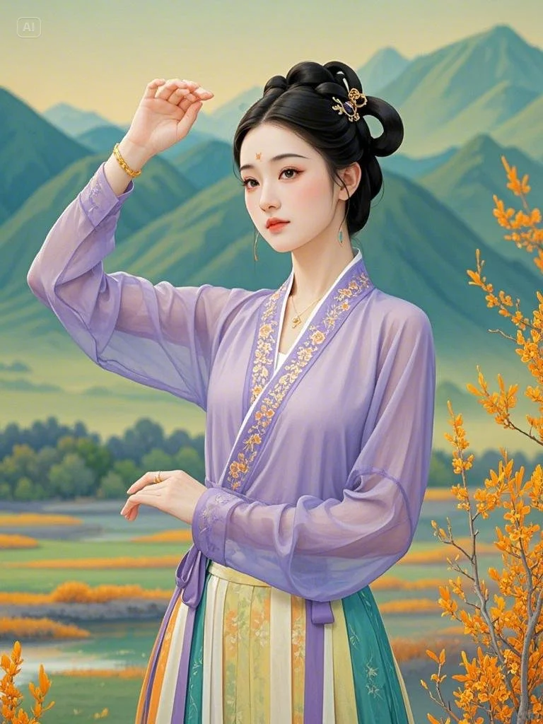 紫裳佳人拈花笑，山水含情韵自长