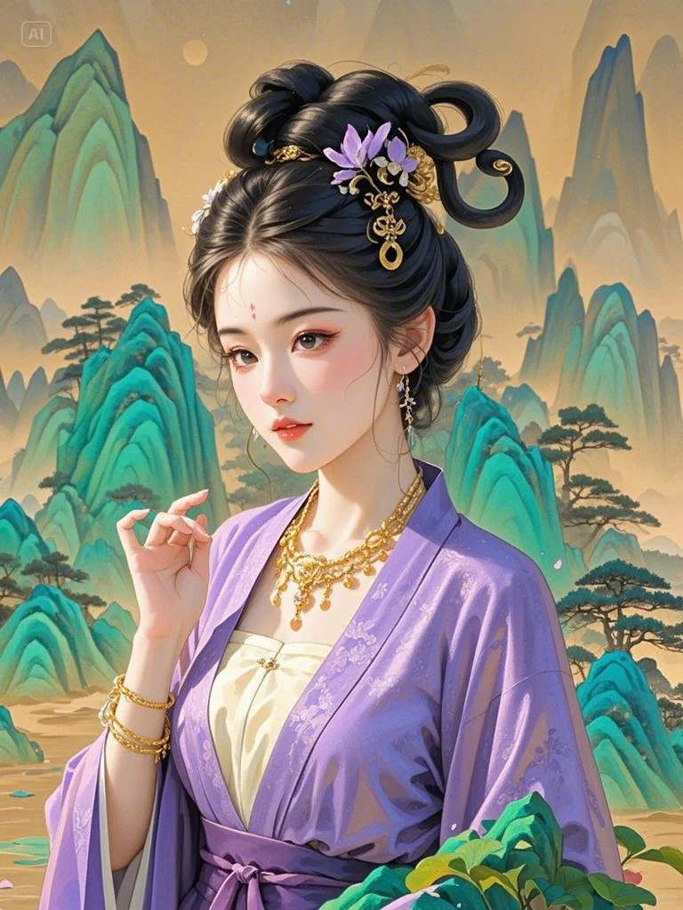 紫裳佳人拈花笑，山水含情韵自长