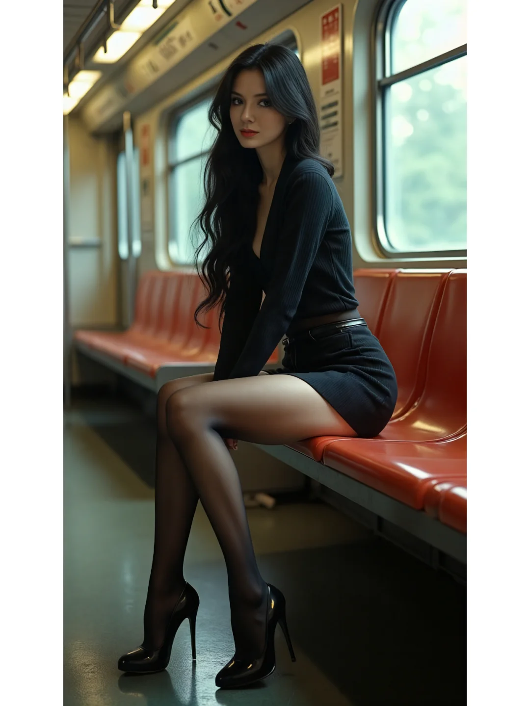 空无一人的地铁上的长腿美女