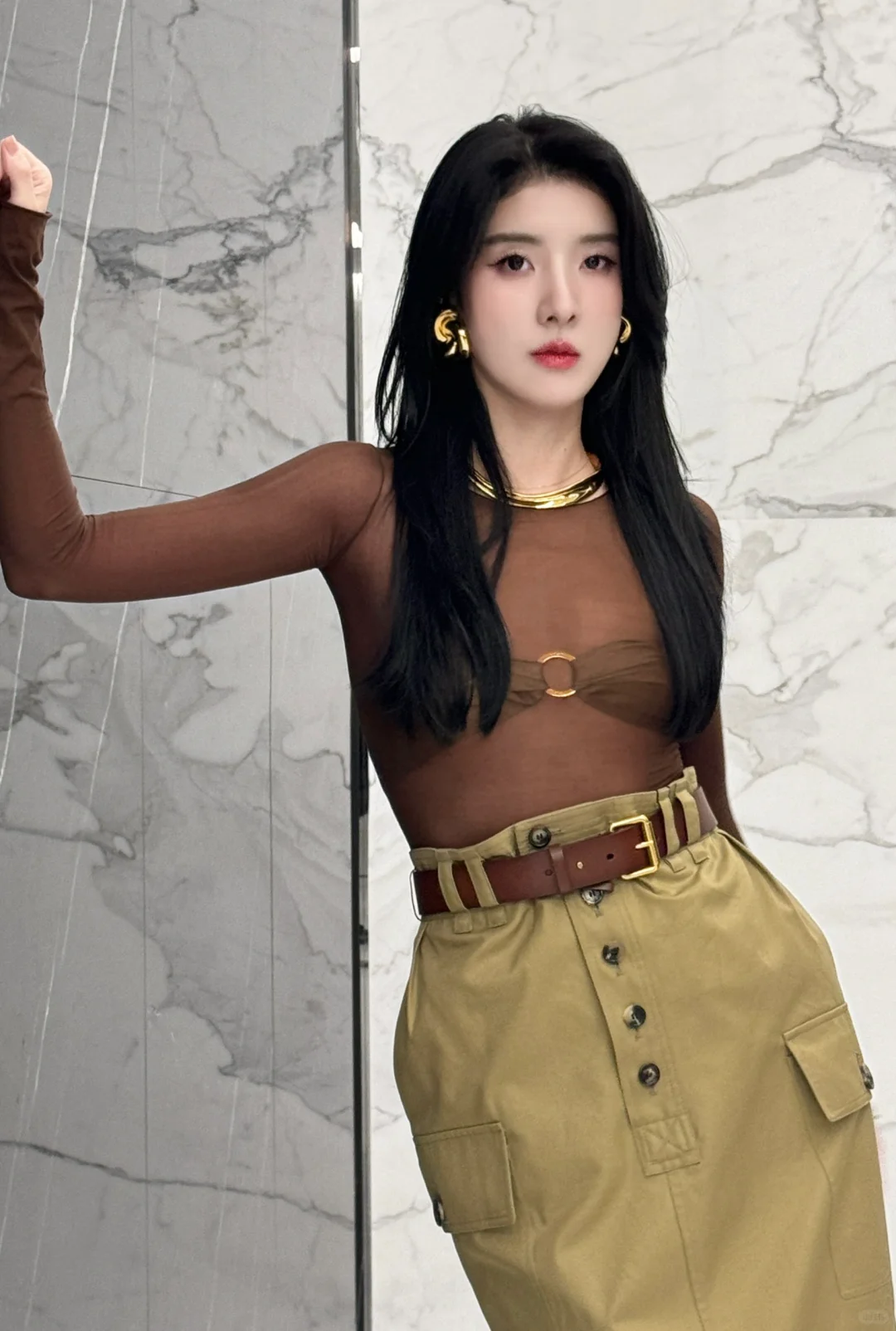 YSL 圣罗兰2024工装风半裙+透视上衣棕