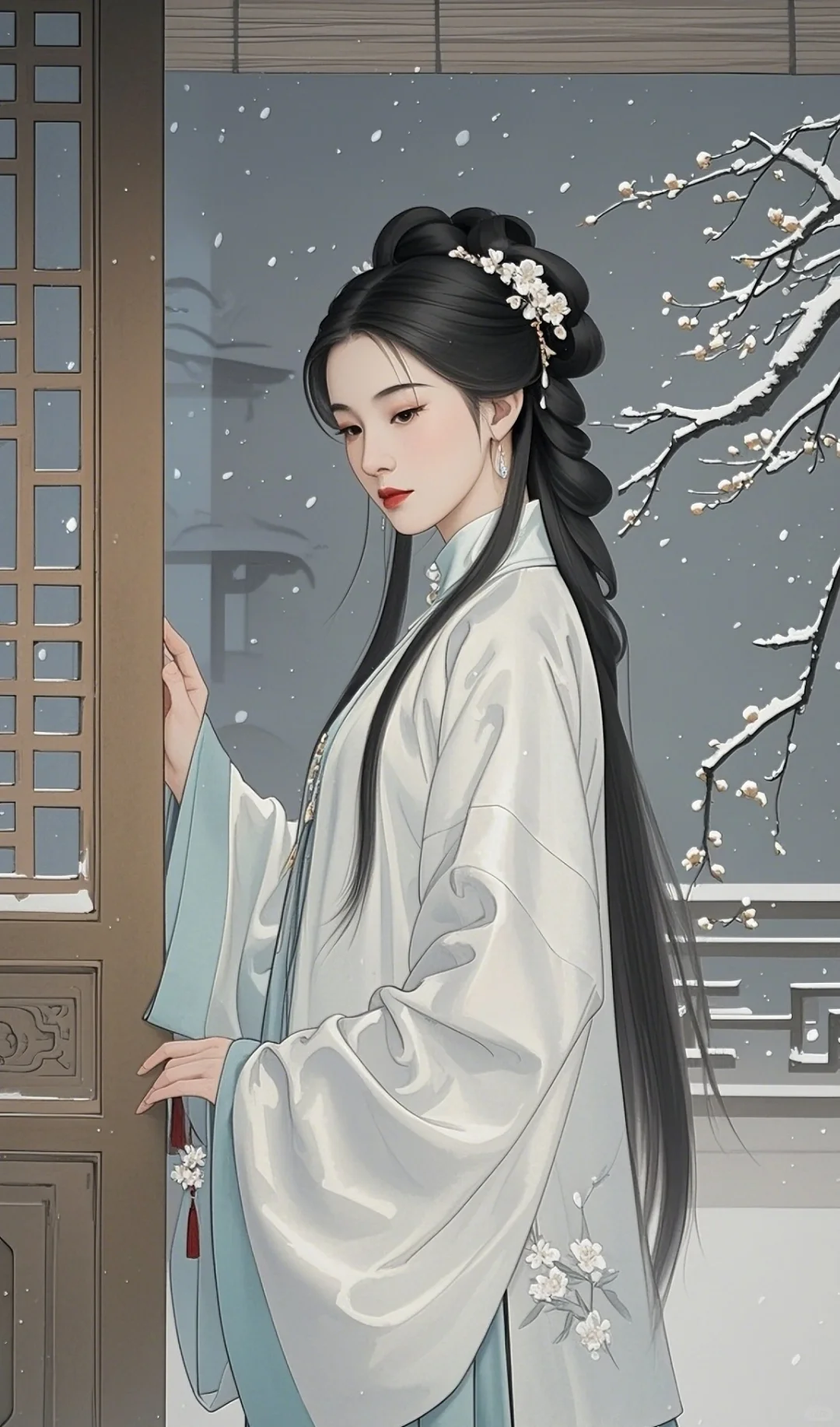 古风美人倚窗看雪
