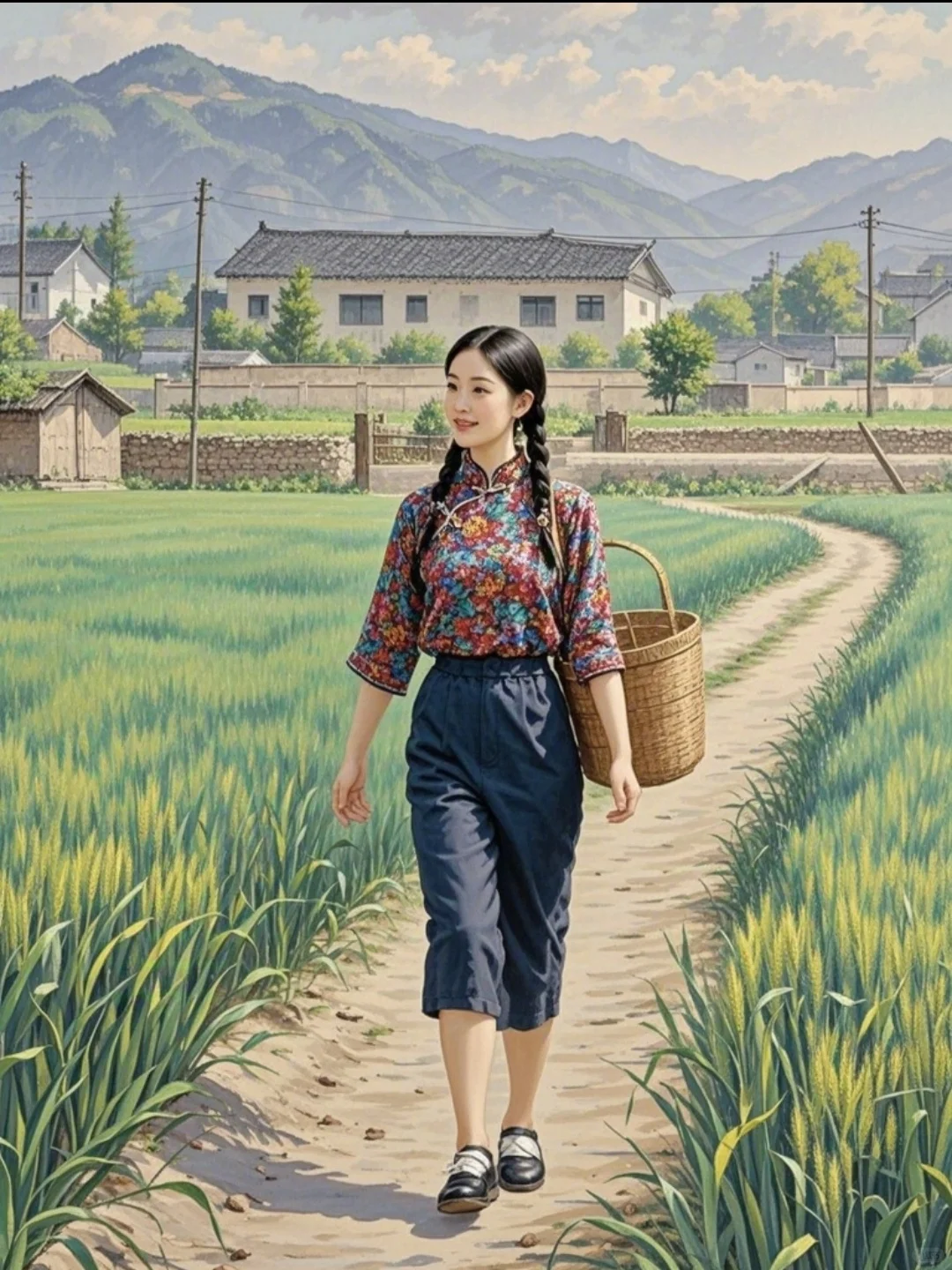背筐的女青年