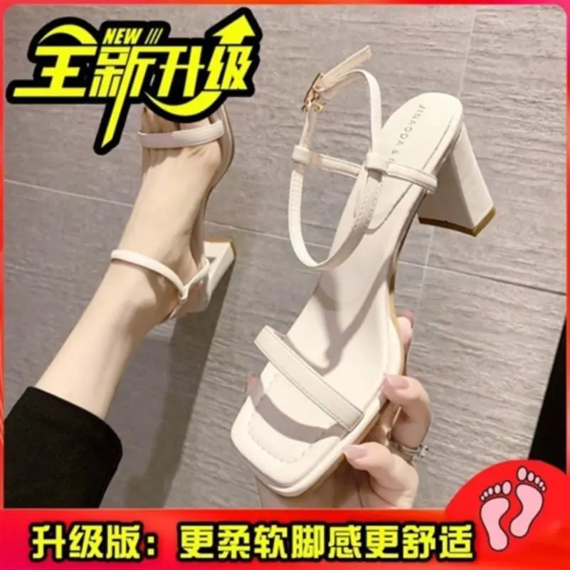 一字带高跟鞋女2025年新款夏季黑色粗跟