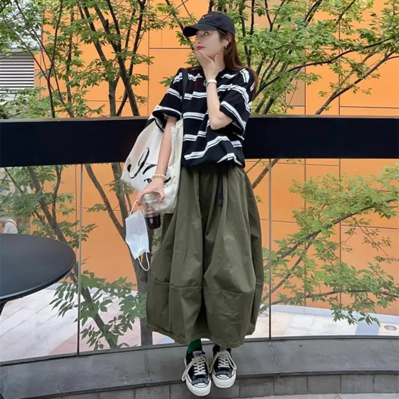 日系军绿色工装拼接半身裙女春季高腰中长款