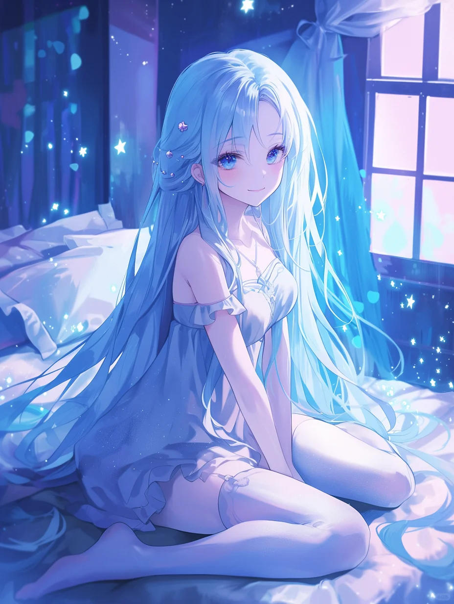 柔美如梦丨枕边的蓝发少女