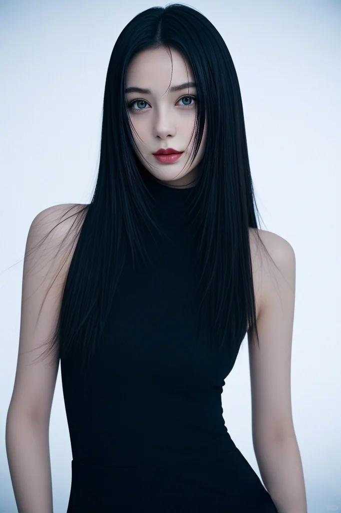 高冷美女、乌黑长发、柔顺光泽、精致面容、