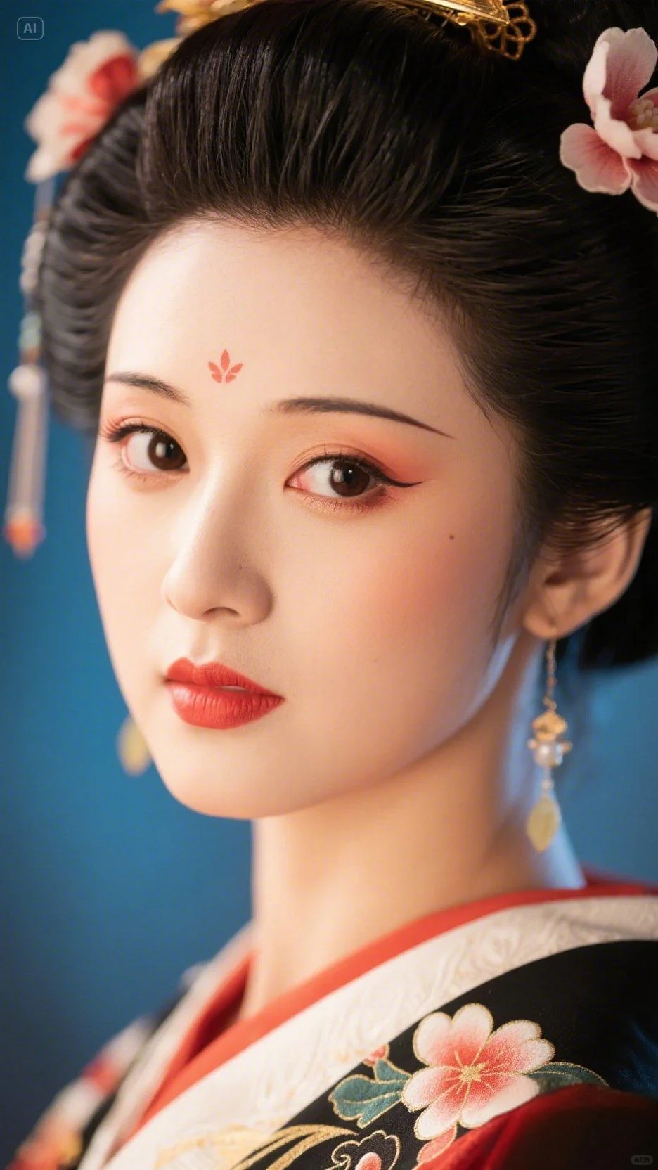 传统服饰女性，妆容精致，眼神深邃，气质优