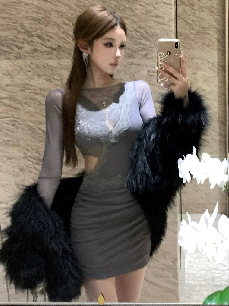 👗辣妹必备！性感拼蕾丝长袖裙😍