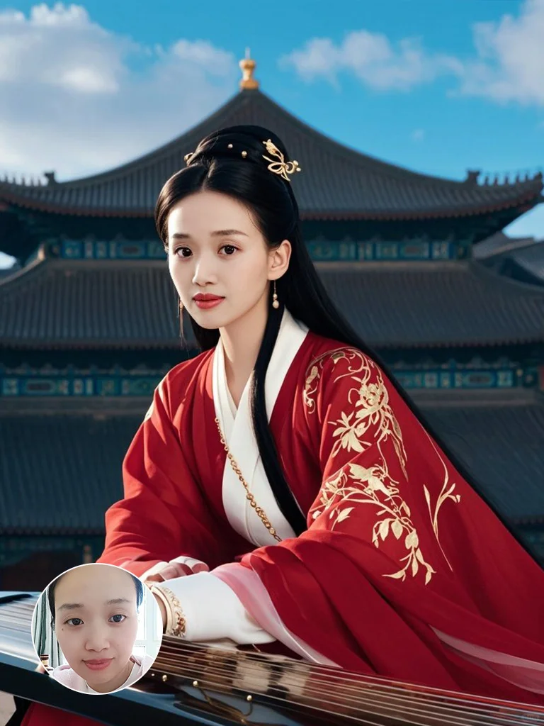 古筝弦上，红衣女子的古风雅韵|AI写真