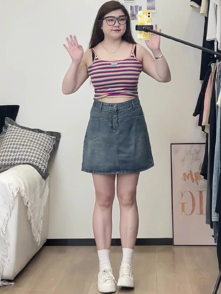 胖mm高腰显瘦复古牛仔短裙女夏季大码梨形