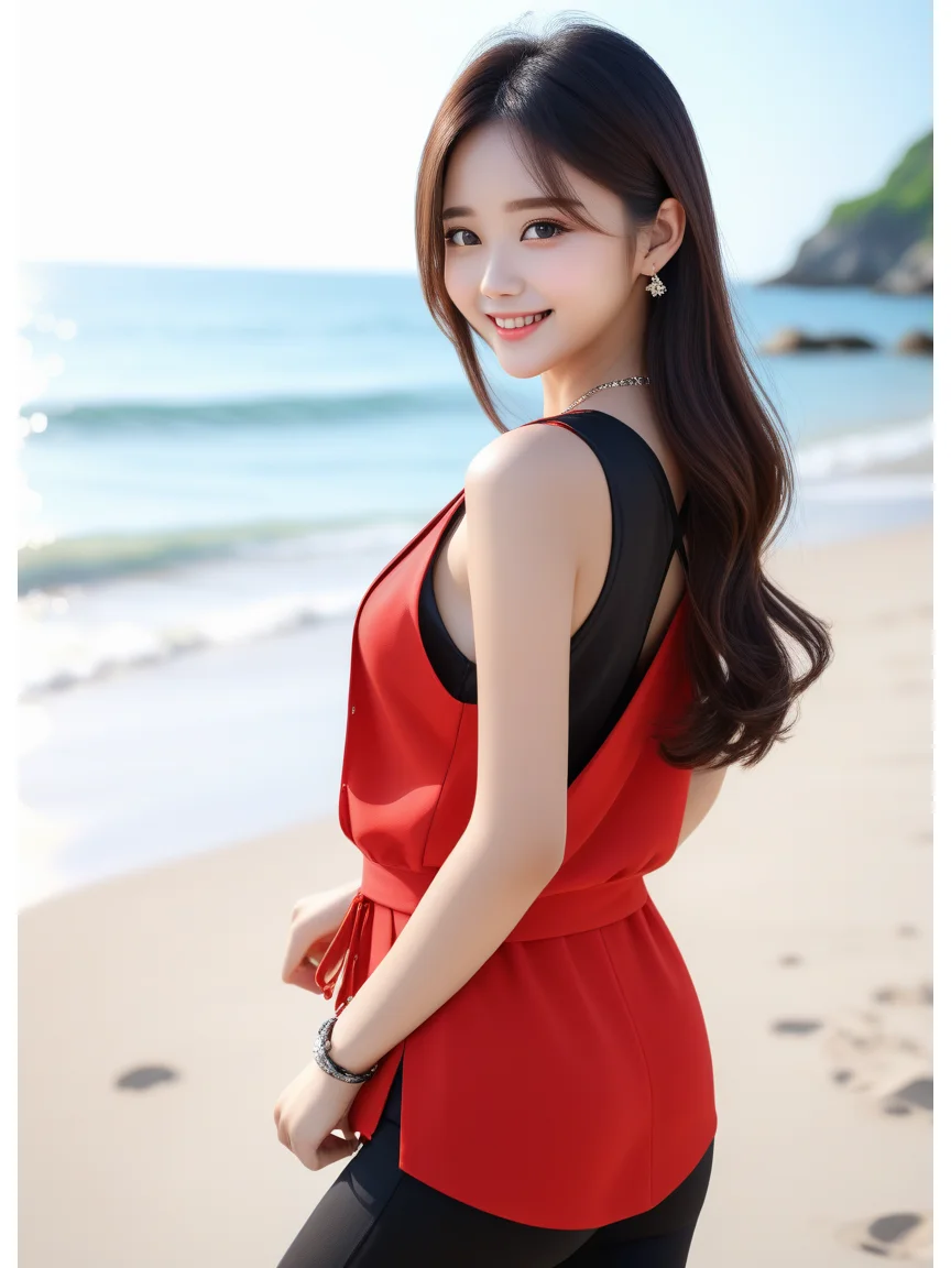红色条纹衬衫+牛仔裤美女穿搭