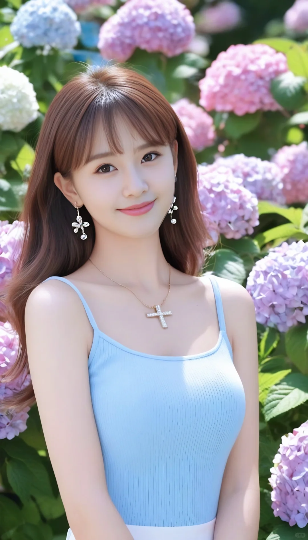 蓝裙翠袖秀，花间独坐闲