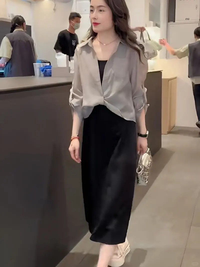 夏季休闲套装女宽松气质防晒衬衫黑色显瘦中