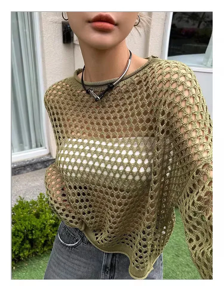 女士罩衫上衣长袖镂空薄款防晒空调房透视针