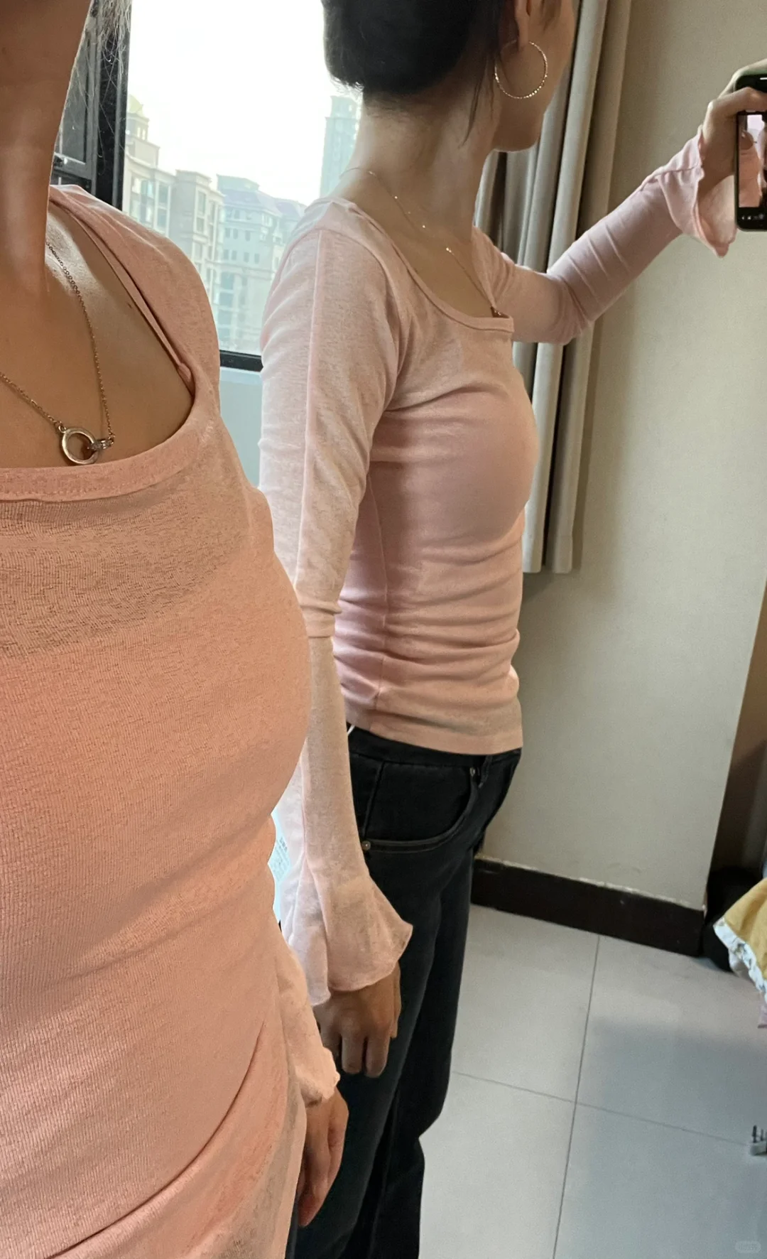辣妹风假两件上衣测评｜粉色U领长袖上衣