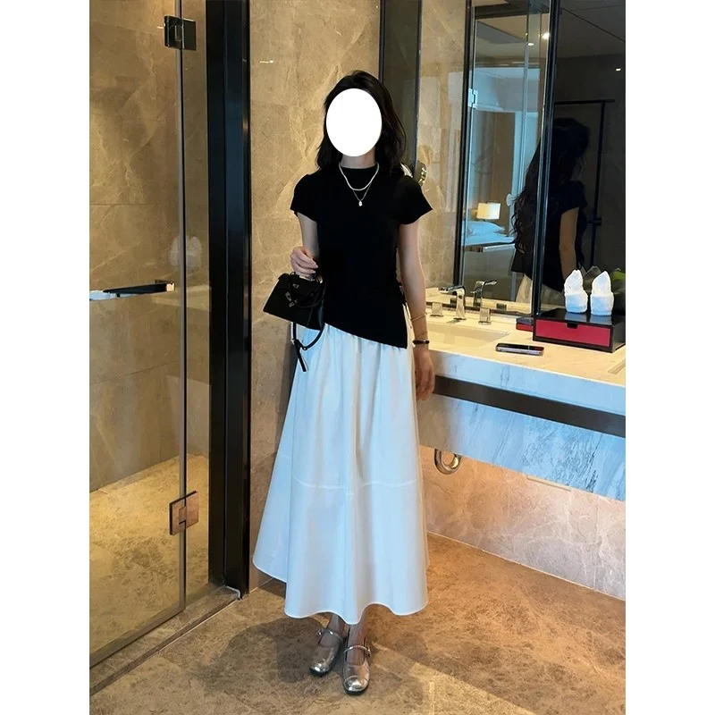 时尚套装女抽绳修身短袖针织衫+高腰半身裙