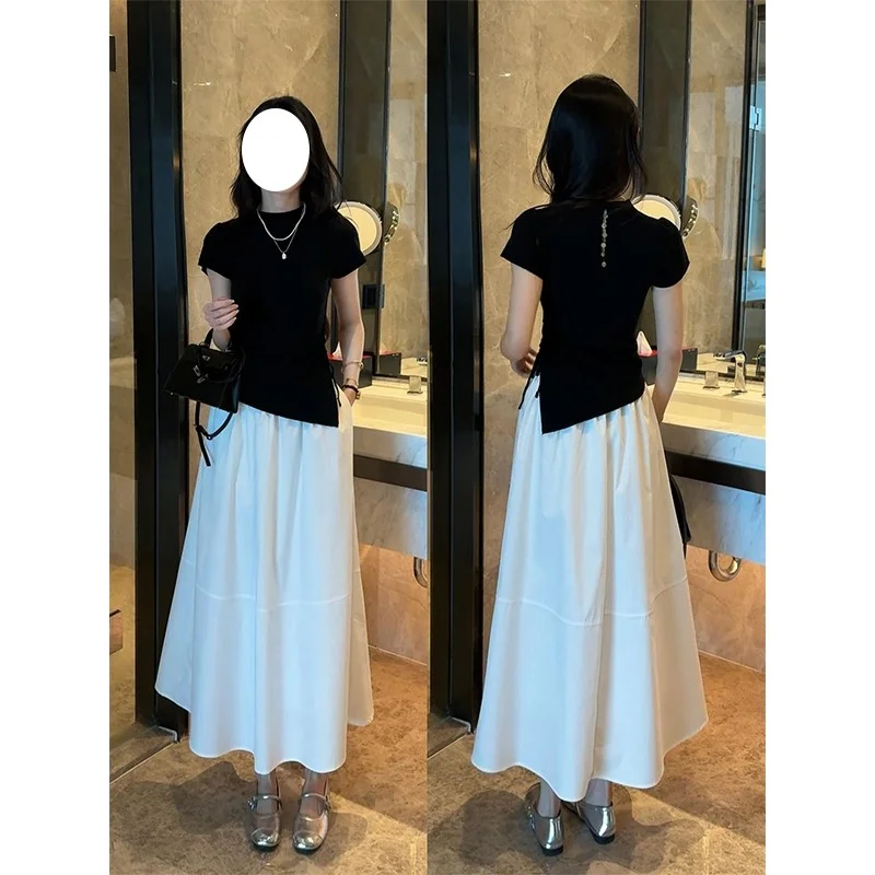 时尚套装女抽绳修身短袖针织衫+高腰半身裙