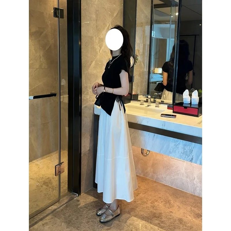 时尚套装女抽绳修身短袖针织衫+高腰半身裙