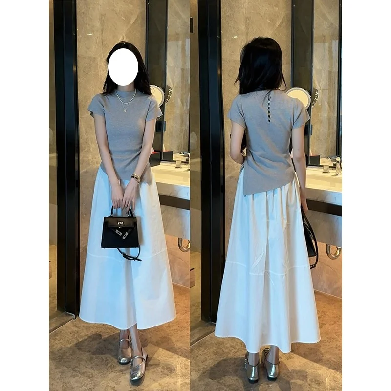 时尚套装女抽绳修身短袖针织衫+高腰半身裙