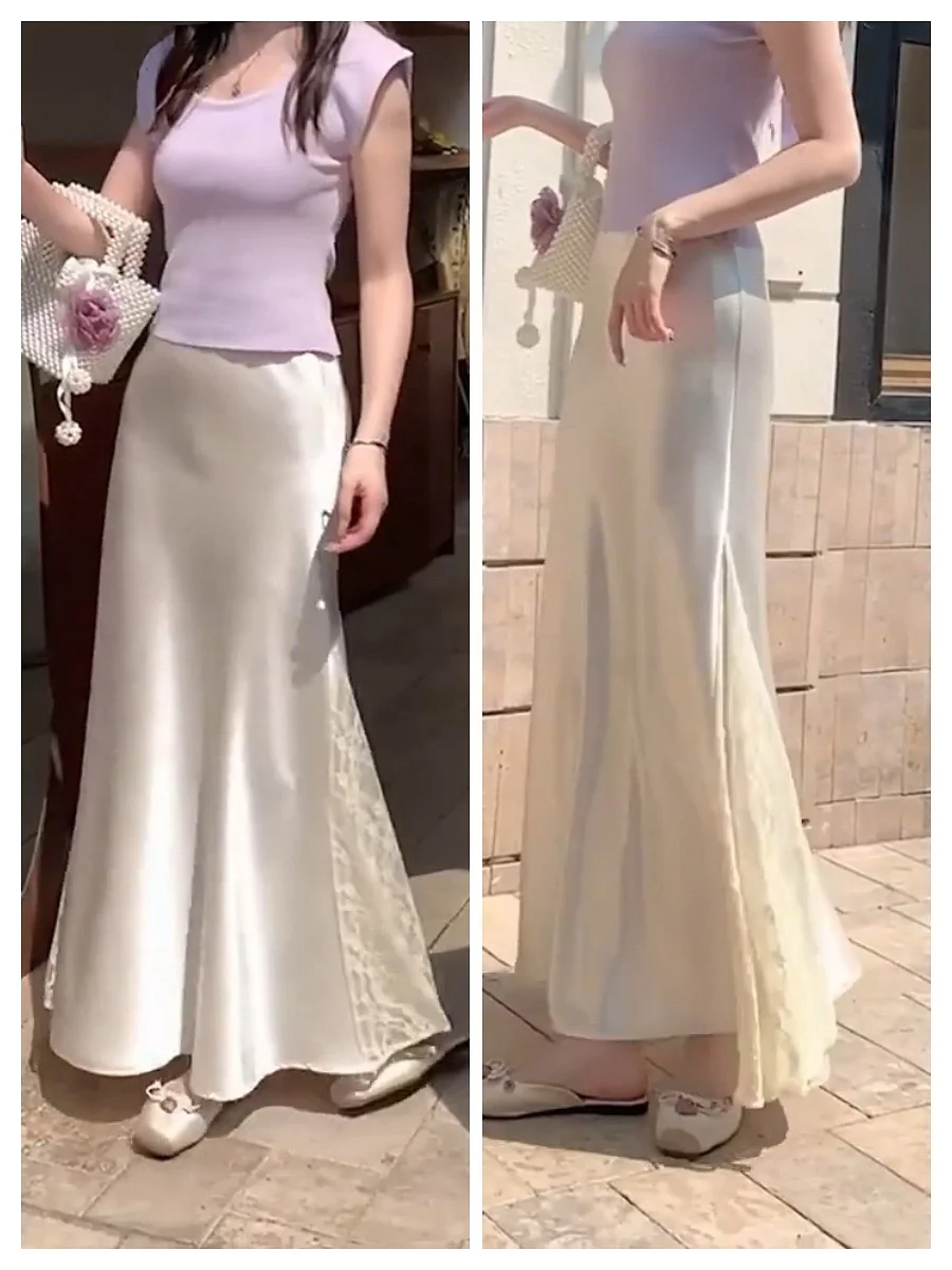 法式蕾丝拼接修身鱼尾裙女丝光