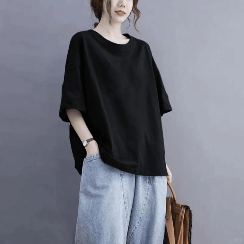 大码胖mm纯棉短袖T恤女夏季宽松休闲纯色