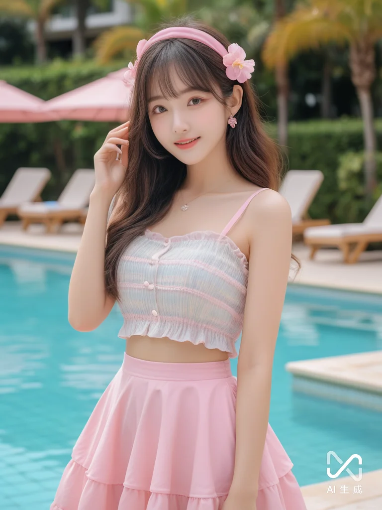💧泳池边的粉红小可爱😻（AI绘画）