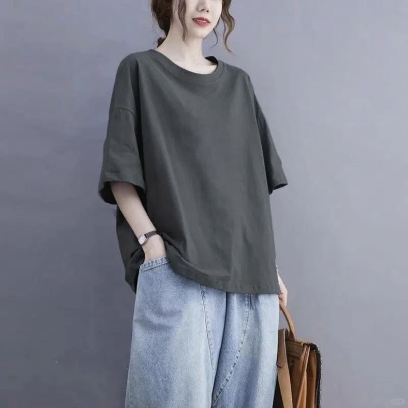 大码胖mm纯棉短袖T恤女夏季宽松休闲纯色
