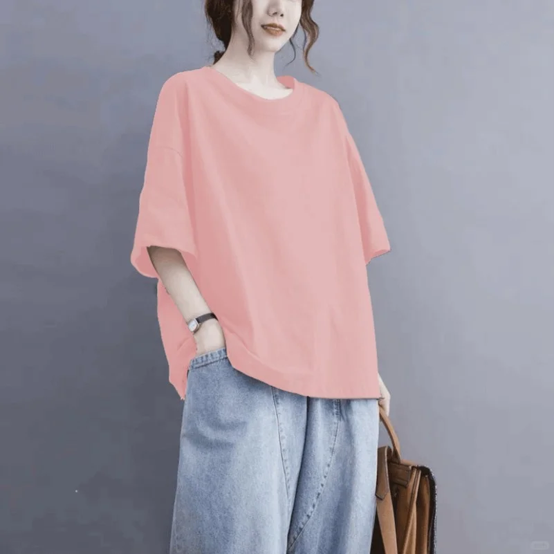 大码胖mm纯棉短袖T恤女夏季宽松休闲纯色