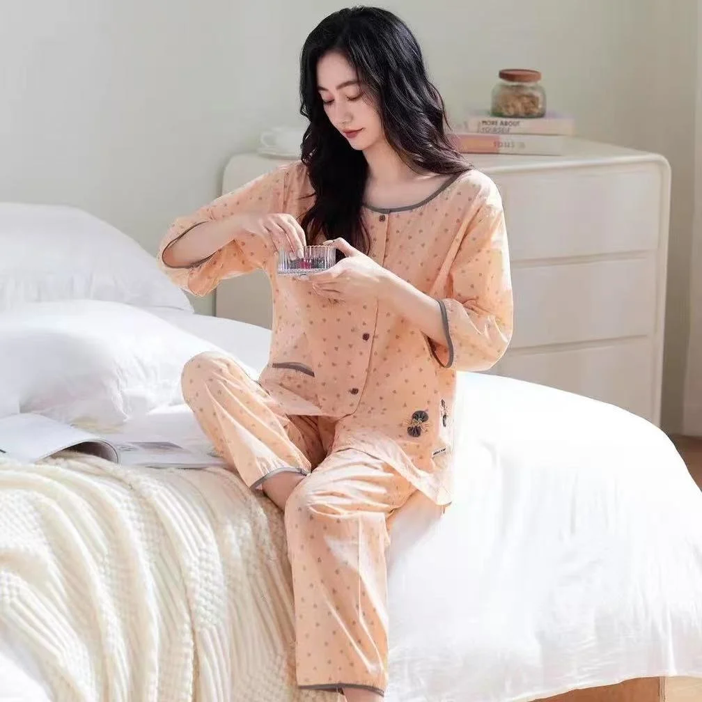 睡衣女夏季春秋纯棉七分袖两件套装清新少女