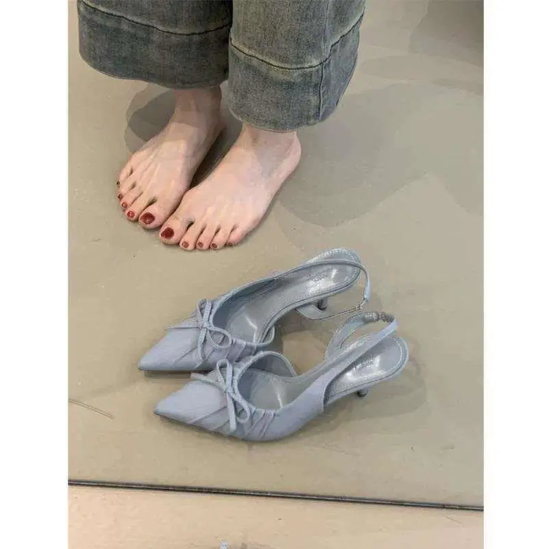 羊皮版~法式细跟尖头高跟鞋女蝴蝶结浅口单