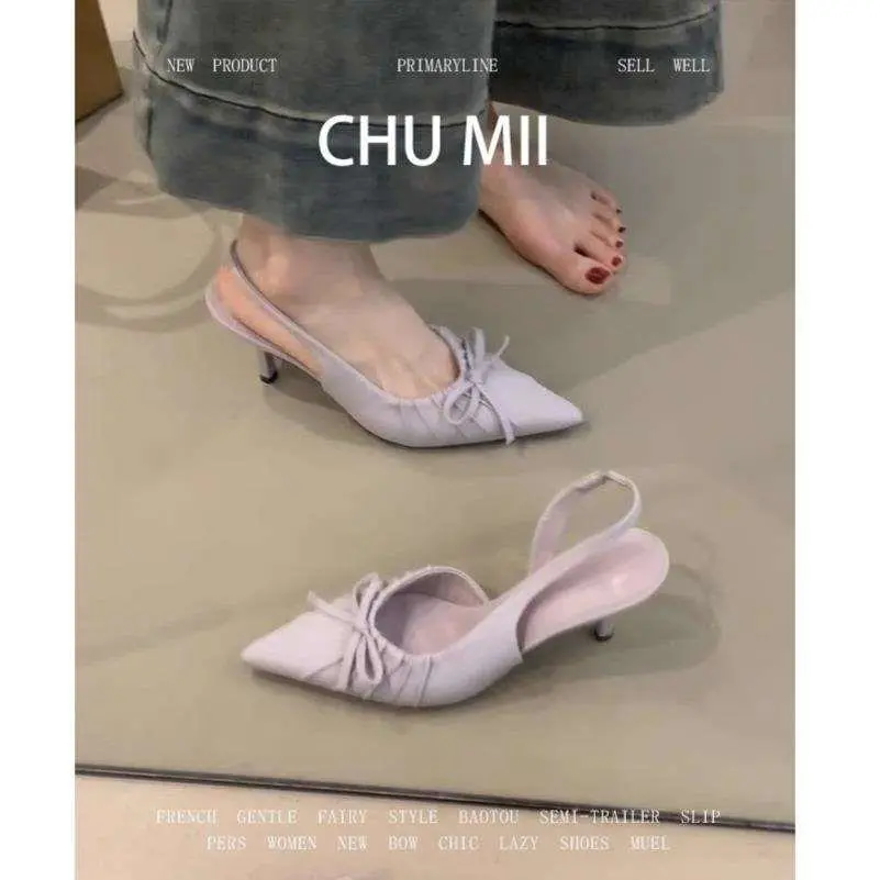 羊皮版~法式细跟尖头高跟鞋女蝴蝶结浅口单