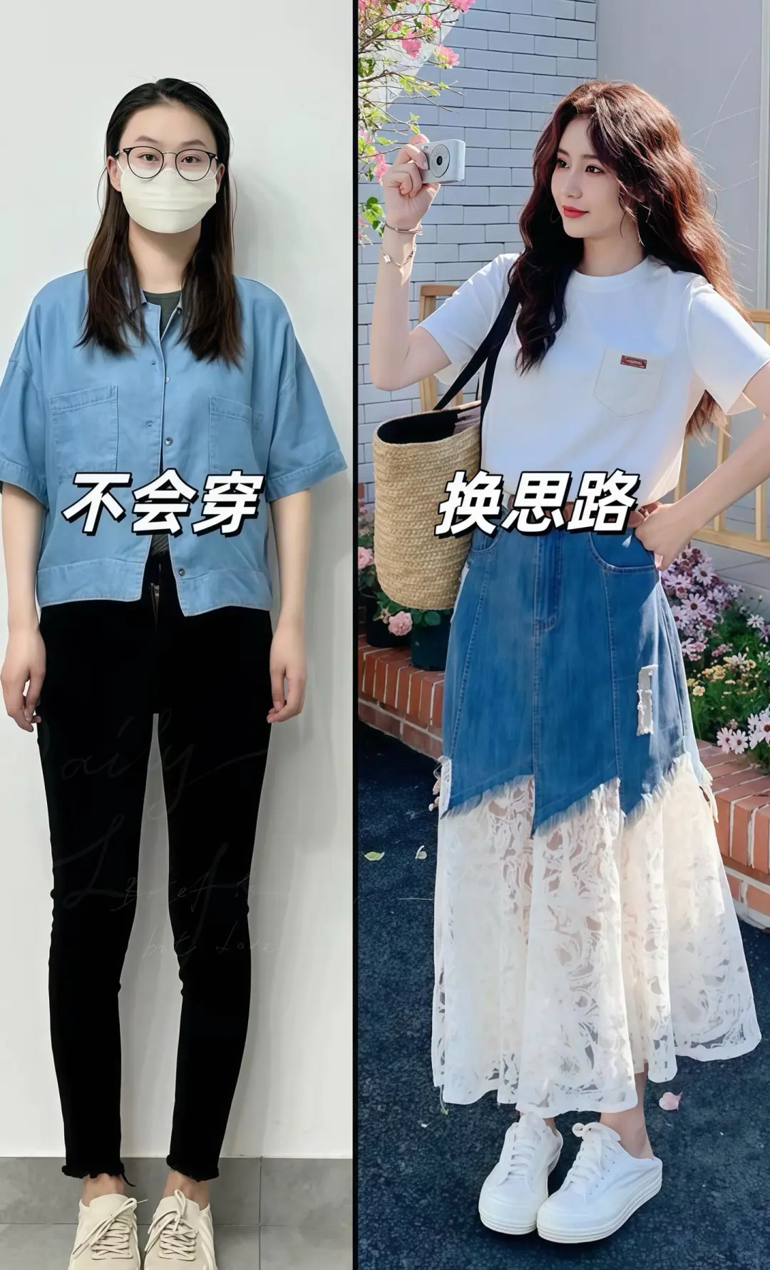 通勤约会都能穿｜牛仔蕾丝高腰 A 字裙